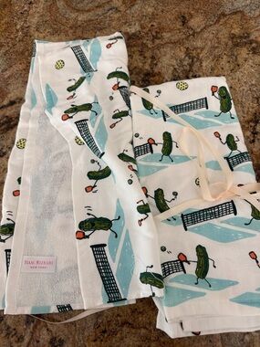 Isaac Mizrahi White Kitchen terry towelsGreen Pickle and Light Blue Tennis Motif